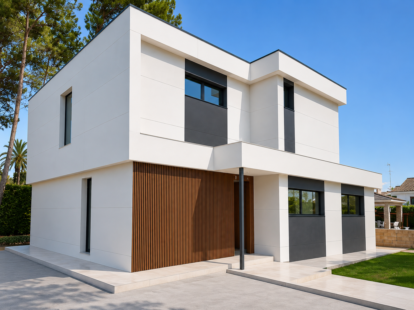Fachada principal de la Homi La Eliana con gran celosía de lamas de madera